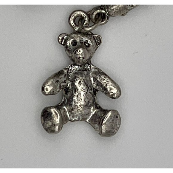 Teddy Bears Brooch Textured Silver Tone Metal Red Bow Green Eyes - Picture 2 of 12